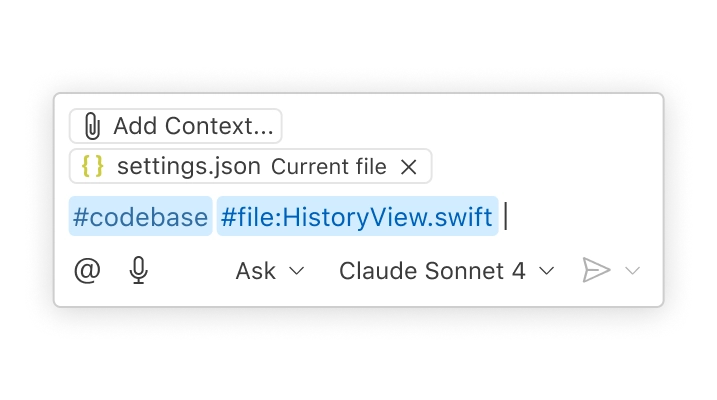 A VS Code chat prompt. The prompt includes codebase and file context by writing #codebase and #file:HistoryView.swift in the message.